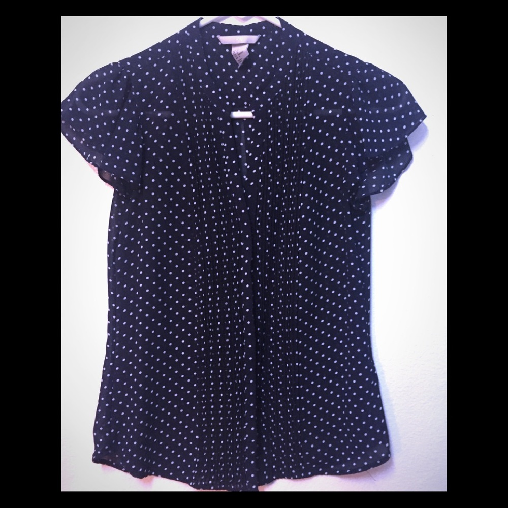 H&M Navy Blue/Cream Button Down V neck Blouse